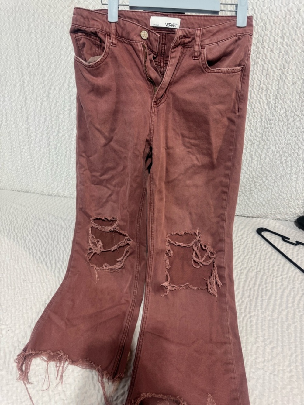 VERVET Women's Flare Jeans in Rust Red - Distressed Wide Leg